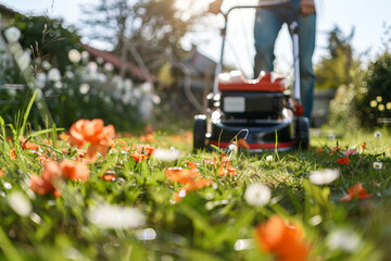 A man is mowing a lawn with a red and black lawn mower. The grass is lush and green, and there are many orange flowers scattered throughout the yard. The scene is peaceful and serene