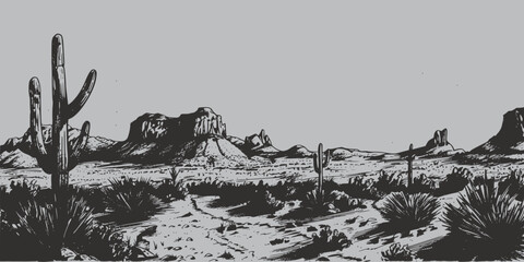 vintage retro old engraving sketch draw paint of nature outdoor american mexican desert western wild