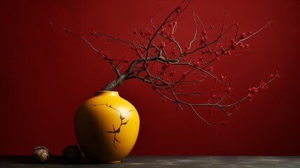 Wall Mural - a yellow vase with a branch in it