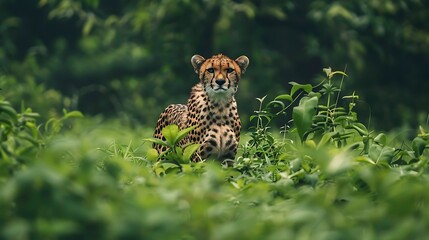 Wall Mural - A cheetah on a grassy field surrounded by lush green shrubbery