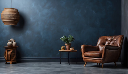 Wall Mural - Elegant Living Room Design: Blue Armchair Against Blue Wall with Copy Space