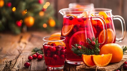 Christmas cranberry punch with oranges in a pitcher and glasses on rustic wooden table