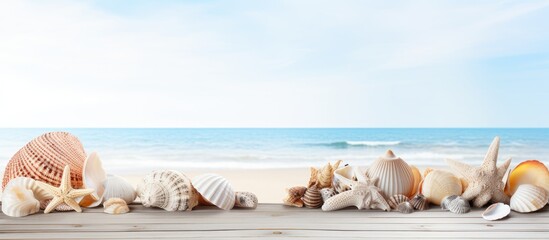 Poster - Close up copy space image of sea shells on white wooden planks representing the concept of summer vacation