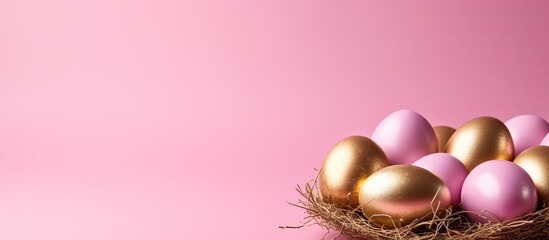 Aufkleber - A nest of golden Easter eggs sits atop a pink background creating a minimal Easter concept that offers copy space for text