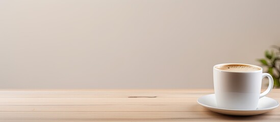 Fototapete - A top down view of an office desk displaying a cup of coffee with ample copy space for a flat lay image