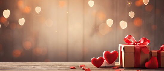 Poster - A vintage themed Valentine s Day background featuring hearts a red gift box and a wooden board with ample copy space image