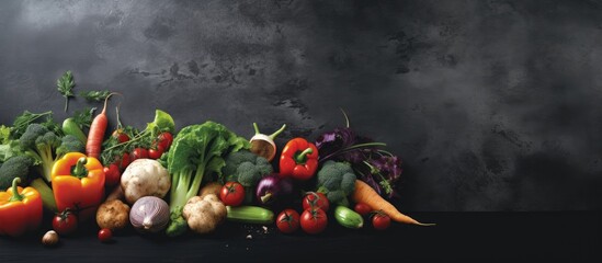 Poster - Copy space image of fresh farmer vegetables on a dark beton table creating a vibrant food background that provides ample room for text