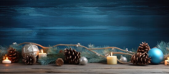 Aufkleber - A copy space image of Christmas decorations set on a rustic blue wooden table