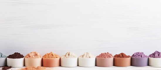 Poster - Various types of cosmetic clays arranged on a white wooden table with copy space image