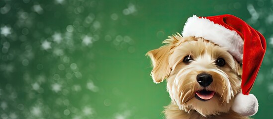 Aufkleber - A delightful Christmas themed dog wearing cute festive attire poses on a green background creating a perfect copy space image