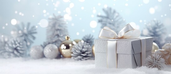 Aufkleber - Preparations for the holiday with New Year s decor showcasing a beautiful gift on a close up white snowy background with ample copy space