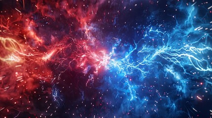 Wall Mural - red and blue lightning clash in the center of an abstract background