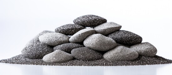 Aufkleber - A low angle view of a stack of nutritious chia seeds on a white background with ample space for text or other images
