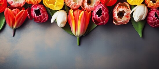 Fototapete - A top view image of tulips and gerbera flowers with a heart on a vintage background perfect for Mother s Day providing ample copy space