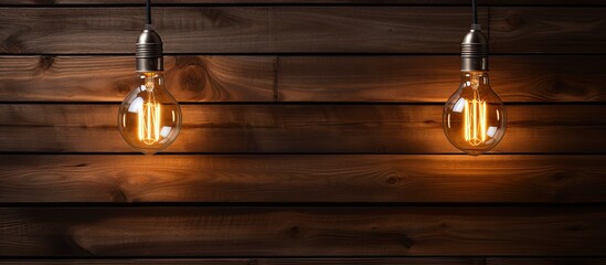 Poster - A concept of a unique glowing bulb showcased on a brown wooden wall with plenty of copy space image