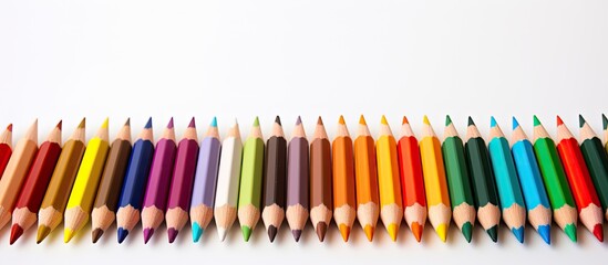 Aufkleber - A close up image of colorful pencils neatly arranged on a white background providing ample copy space for text