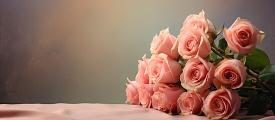 Poster - A beautiful bouquet of roses placed on a mat with a copy space image in the background