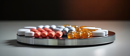 Aufkleber - Closeup of a weekly pill box with medication placed on a grey table providing a copy space image for text