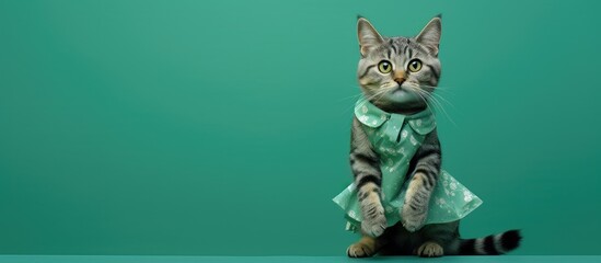 Sticker - A cat wearing a dress poses in front of a green background in a copy space image