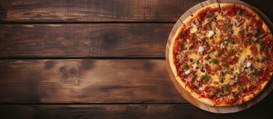 Poster - Toned image of a delicious homemade pizza on a rustic wooden table with plenty of copy space