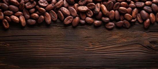 Wall Mural - A top down view of cocoa beans placed on a dark wooden background creating a visually appealing copy space image