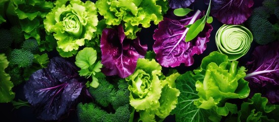 Wall Mural - A colorful arrangement of various green leaves and violet lettuce creating a vibrant mix for a salad with copy space for an image