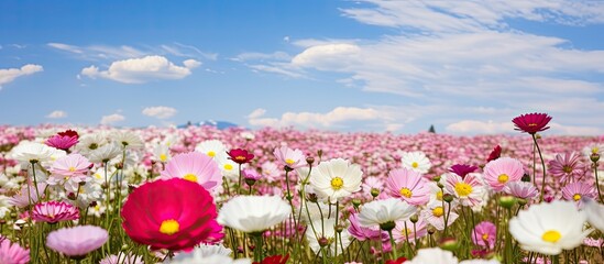 Wall Mural - Copy space image featuring vibrant white and pink flowers amidst a vast colorful field