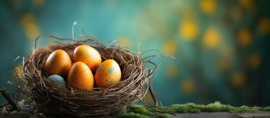 Aufkleber - Happy Easter with a copy space image of eggs in a basket