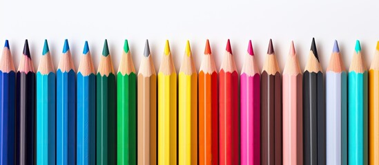 Poster - A vibrant arrangement of colorful pencils and crayons on a pristine white background creating a captivating copy space image