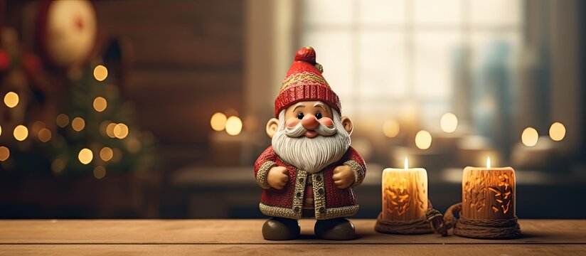 A charming Christmas gnome is placed on a wooden tabletop in a cozy room creating ample room for accompanying text in the image