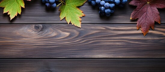 Poster - A top down view of blue grapes and vibrant grape leaves on weathered wooden table creating a captivating background for copy space image
