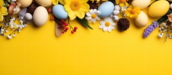 Sticker - Easter themed yellow backdrop featuring chocolate eggs assorted candies and vibrant spring blooms set against a copy space image