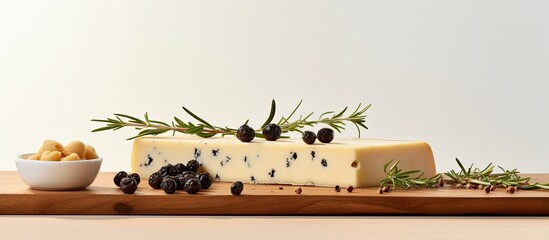 Poster - A horizontal image showcasing a plank with soy cheese garlic and peppercorns on a light background allowing for copy space