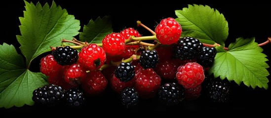 Poster - Copy space image of raspberries and red currant with green leaves set on a black background complemented by red and blue berries
