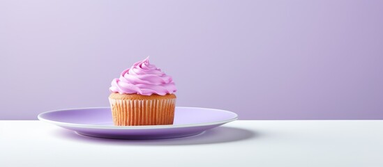 Aufkleber - A delectable violet cupcake on a plate with a blank space for an image. Creative banner. Copyspace image