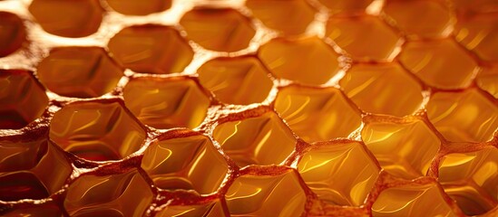 Poster - Close up of honeycombs filled with delicious golden honey creating a captivating background texture and pattern in this copy space image