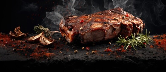 Poster - Textured stone background with a space for your text showcasing flavorful marinated pork ribs seasoned with spices. Creative banner. Copyspace image