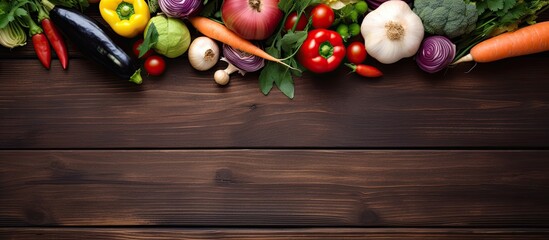 Poster - Top view of fresh vegetables from farmers with a wooden background providing ample space for displaying images or text