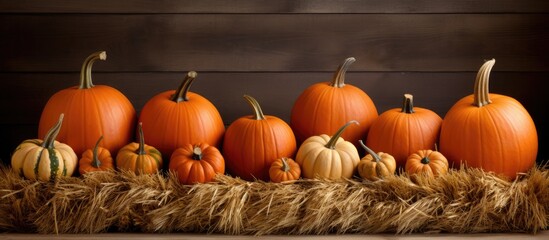 Poster - A copy space image of fall pumpkins neatly arranged in a rustic straw basket