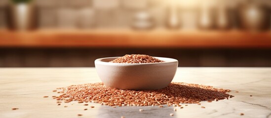 Poster - A bowl filled with flaxseed is placed on a stylish terrazzo countertop creating a visually appealing image with space for additional text