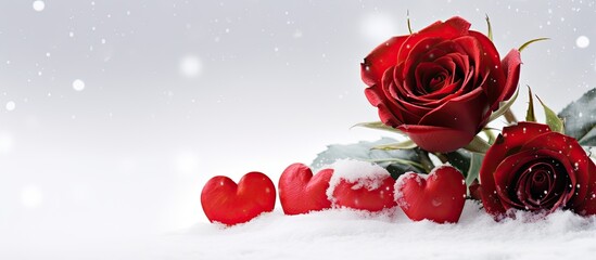 Poster - A St Valentine greeting card featuring red roses and a heart displayed on a white snowy background providing ample copy space for text