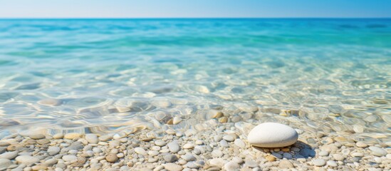 Poster - A pebble resting in the clear water on the sandy beach creating a serene and natural background for any desired content Copy space image