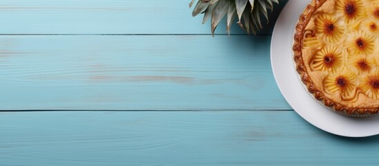 Poster - A pineapple pie sits in a ceramic dish on a light blue wooden surface accompanied by a cup of coffee The image provides ample copy space