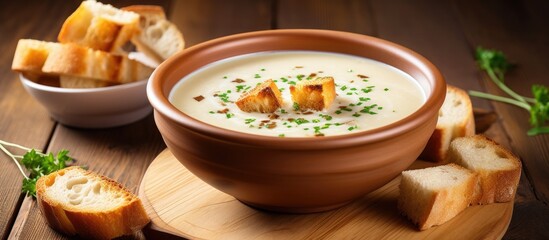 Poster - A delectable fresh onion cream soup with croutons served on a wooden background ready for a copy space image