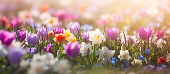 Fototapete - A background image capturing the beauty of blooming flowers during spring with ample copy space for text or other elements