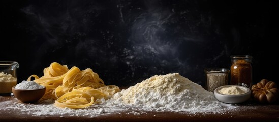 Poster - A copy space image of uncooked pasta noodles in the form of nests alongside flour and seasonings placed on a table