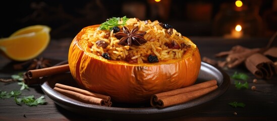 Poster - Copy space image of a whole roasted orange pumpkin stuffed with a flavorful mixture of rice raisins and spices