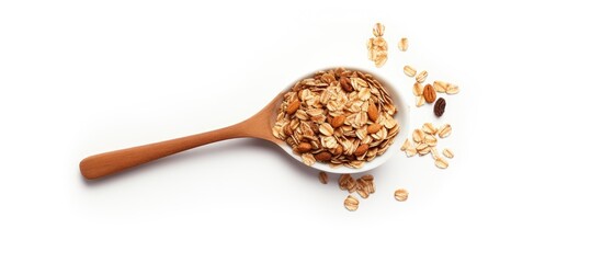 Aufkleber - A silver spoon with granola oats seen from above on a white background providing ample copy space for unique compositions