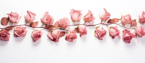 Aufkleber - A top down view of dry rose flowers is displayed on a white background in this flat lay image leaving ample copy space