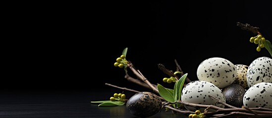 Aufkleber - A dark background showcases Easter quail eggs and willow branches in a compelling copy space image